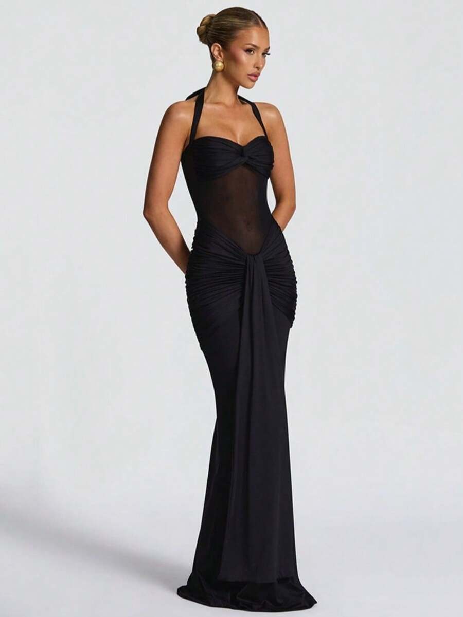 Vestidos Elegantes De Mujer,Vestidos De Mujer,Vestidos Elegantes Para Fiesta,Prom Dress,Elegant & Romantic Halter Neck Tie Waist Mesh Panel Flowy Sash Maxi Evening Dress - màu đen - Xem 1