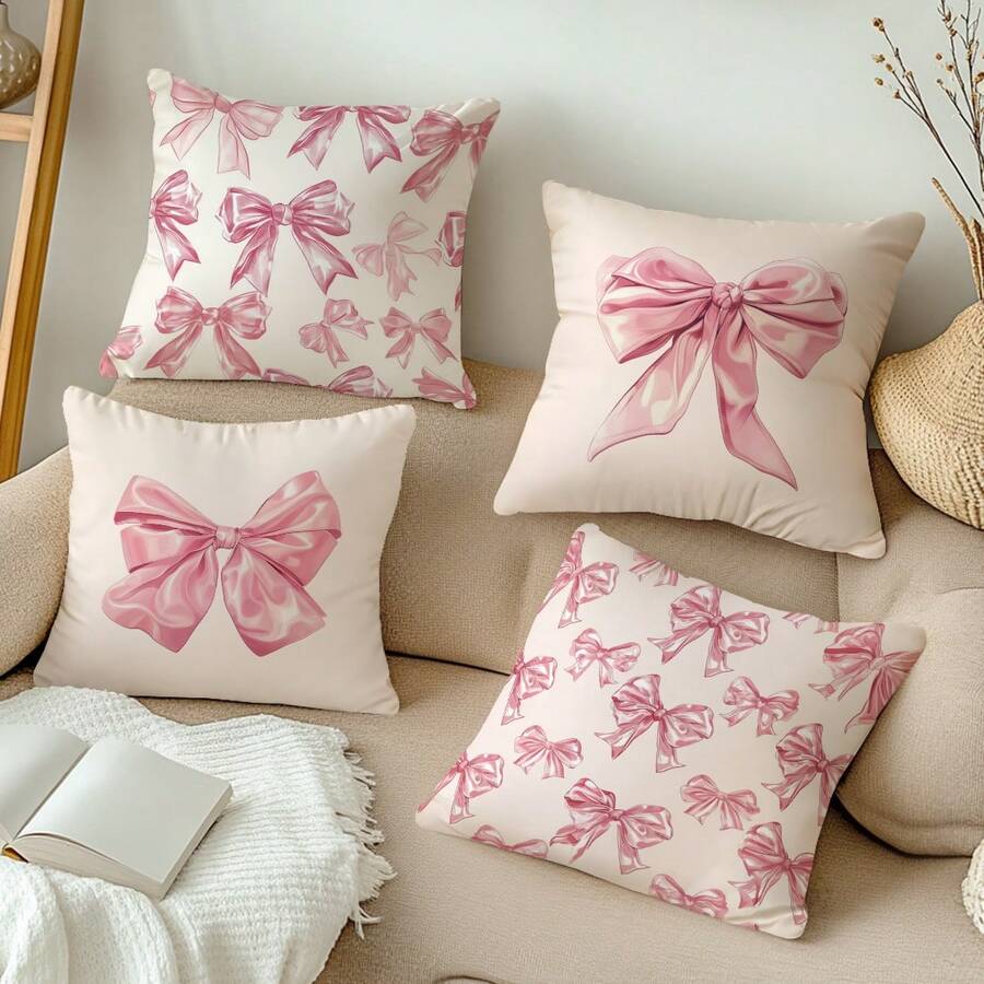 MEMNUN 4pcs Romantic Pink Bow Print Polyester Decorative Pillow Covers [Single-Sided Printing] 17.7*17.7in(45*45cm)/19.69*19.69in(50*50cm)/15.75*15.75in(40*40cm) Home Bed Headrest Sofa Cushion Pillow Covers [Pillow Insert Not Included], Suitable For Daily Use, Home Decor, Living Room, Bedroom, Car Decoration