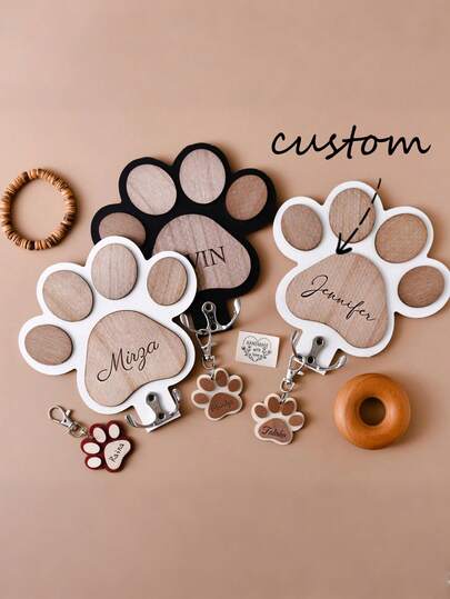 1pc Customizable Wooden Bone Shaped Dog Leash Hook, Can Be Engraved, Personalized Dog Collar Hanger, Suitable For Collars And Leashes, Durable Wooden Material, Adjustable Angle Metal Hook, 16*16cm Best Size, Paw Print Design, Ideal For Dog Lovers And Pet Home Decor