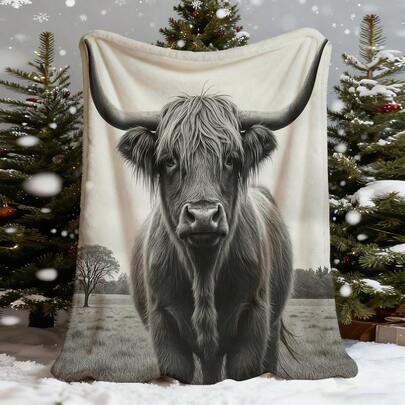 Luxurious Scottish Highland Cow Velvet Blanket Bed Cover - Ultrasonic Pressed Black And White Scottish Longhorn Cow Pattern, All-Season Super Soft Bed Cover, Suitable For Christmas, Valentine's Day Gifts, French Country Farmhouse Style Bedding