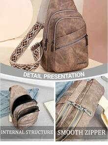 This Fashionable And Classic Versatile Solid Color Retro PU Waterproof Multi-Layer Crossbody Bag Features Edge Pocket Design,External Earphone Hole - Brown - View 6