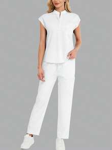 2 piezas Conjunto de uniforme de enfermería de unicolor con top de cuello y pantalones, conjunto de uniforme de primavera en blanco - Blanco - Ver 4