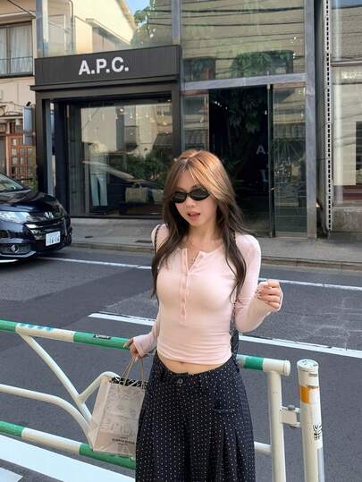 Women's Casual Henley Neck T-Shirt, Solid Color Long Sleeve Knit Slim Fit Undershirt Top