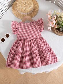 女婴可爱格纹短袖派对连衣裙，春夏款 - 紅色 - 查看 2