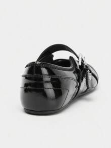 2025春季复古红色百搭魔术贴玛丽珍鞋，女士休闲圆头平底皮鞋 - 黑色 - 查看 3