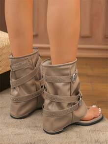 Women's New Open Toe Sandals, Rivet Belt Metal Buckle Decor Charming Mid-Calf Boots, Round Toe Elegant Sexy Spring/Summer Sandals, Pleated Straight Tube Versatile Nude Boots, Metal Buckle Decor Fashion Versatile Dress Boots, Chunky Heel Tube Boots Fashion Nightclub Party Beach Retro Buckle Indoor/Outdoor - Khaki - View 6