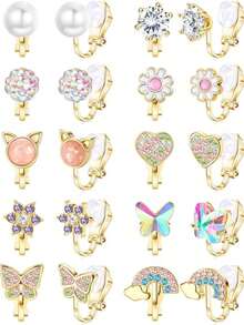 Women's Comfortable No-Piercing Pearl Twisted Heart Flower Butterfly Clip-On Earrings Set, Gold Clip-On Stud Earrings, Hypoallergenic - 10 Pairs Of Clip-on Earrings Set - View 4