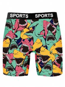 1 Pack Of Sporty Casual Men's Long-Leg Boxer Shorts, Colorful Shark Graffiti Print Shorts, Letter-Patterned Embroidery Belt, Knitted Fabric, Soft And Skin-Friendly, Breathable And Sweat-Wicking, Novelty Men's Shorts. - Multicolor - View 4