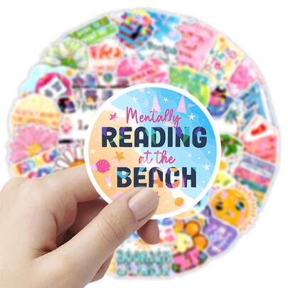 51pcs Summer Themed Fun Reading Pattern Stickers, Ideal Small Gift. Happy New Year. DIY Decorative Stickers. Can Be Used For Small Gifts, Packaging Bag Decoration, Cup Decoration, Stationery Decoration And Other Preferred Product Decoration Stickers