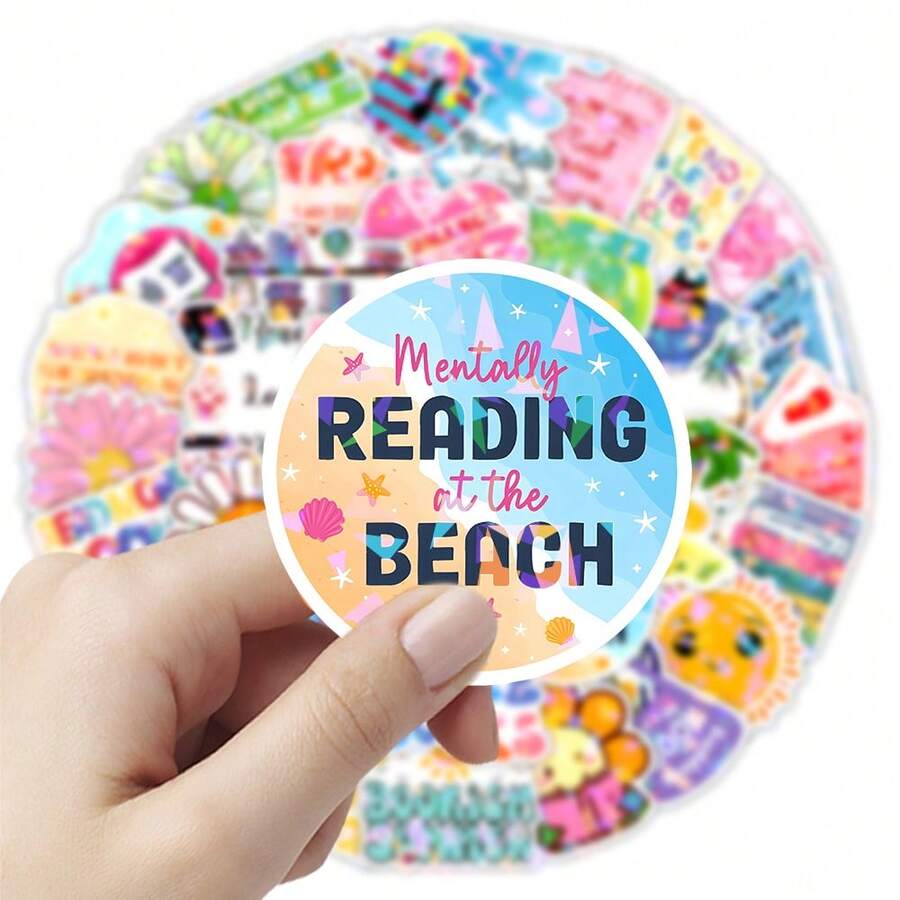 51pcs Summer Themed Fun Reading Pattern Stickers, Ideal Small Gift. Happy New Year. DIY Decorative Stickers. Can Be Used For Small Gifts, Packaging Bag Decoration, Cup Decoration, Stationery Decoration And Other Preferred Product Decoration Stickers - Multicolor - View 1