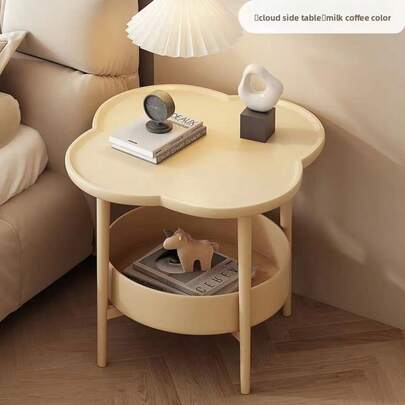 1pc Cloud-Shaped Cream White Solid Wood Edge Side Table | Dual-Layer Storage + Petal Tabletop, Korean Ins Style Small Coffee Table, Lightweight Storage Table, Suitable For Bedroom, Living Room, Balcony