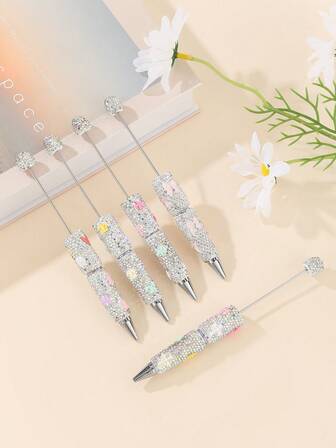 5 snygga silverpärlpennor för hemmafixering, kraftigt utsmyckade med strass, lämpliga för festdekorationer, julklappar och perfekta för kvinnor.