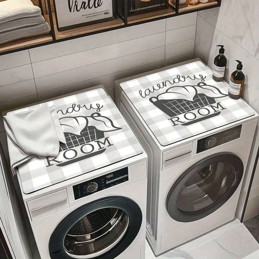 1件格子图案印花洗衣机防尘垫，吸水桌垫，吸水冰箱垫，微波炉防尘罩，柔软硅藻土排水垫，防滑强力吸水餐具晾干垫，现代洗衣机和烘干机顶盖，适用于洗衣房和厨房，餐桌垫 - 彩色 - 查看 1