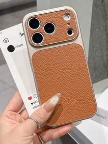 奢华大窗口仿皮手机壳，兼容 17 Air 16 15 14 Plus 13 12 11 Pro Max 17 Pro Max，磨砂软边框防震保护套 - 橘色 - 查看 4