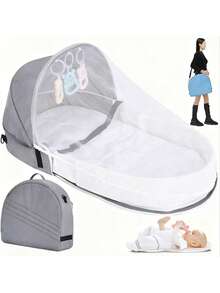 Przenośne, składane łóżeczko turystyczne dla niemowląt, wielofunkcyjny plecak dla mamy z moskitierą, zabawki do spania, miękkie i oddychające łóżeczko turystyczne dla niemowląt, w zestawie materac, prezent dla noworodka - Wielokolorowe - Zobacz 1