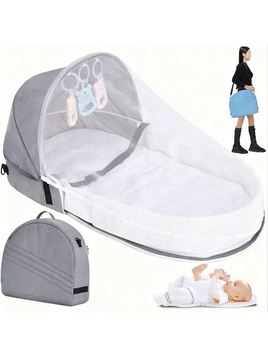 Przenośne, składane łóżeczko turystyczne dla niemowląt, wielofunkcyjny plecak dla mamy z moskitierą, zabawki do spania, miękkie i oddychające łóżeczko turystyczne dla niemowląt, w zestawie materac, prezent dla noworodka - Wielokolorowe - Zobacz 1