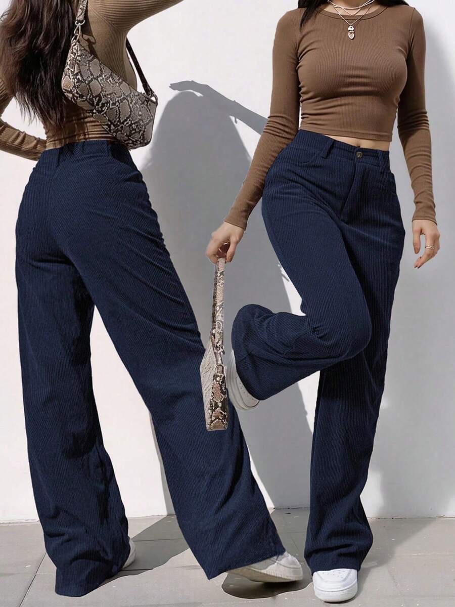 Corduroy Wide Leg Pants Women Casual Spring 2026 Elastic Waist Stretchy Loose Trousers With Pockets - 藏蓝色 - 查看 1