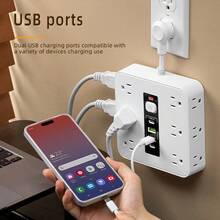 16-In-1 Power Strip With Surge Protection And One-Touch Control Switch - 12 Spacious AC Outlets With 2 USB Ports And 2 Type-C - Wall-Mountable Extension Cord For Office, Study, Home, And School Use - US Plug, 110V-130V Rectangle Power - 白色 - 查看 3