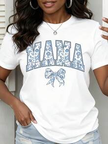 Women Mother Day T Shirt Mama Floral Design Bow Graphic Top Casual Wear For Moms - White - View 1