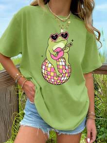 1 Piece Frog Disco Teen T-Shirt For Girls, Heart Sunglasses & Guitar Graphic Top, Spring & Summer School Daily Wear - Green - View 7