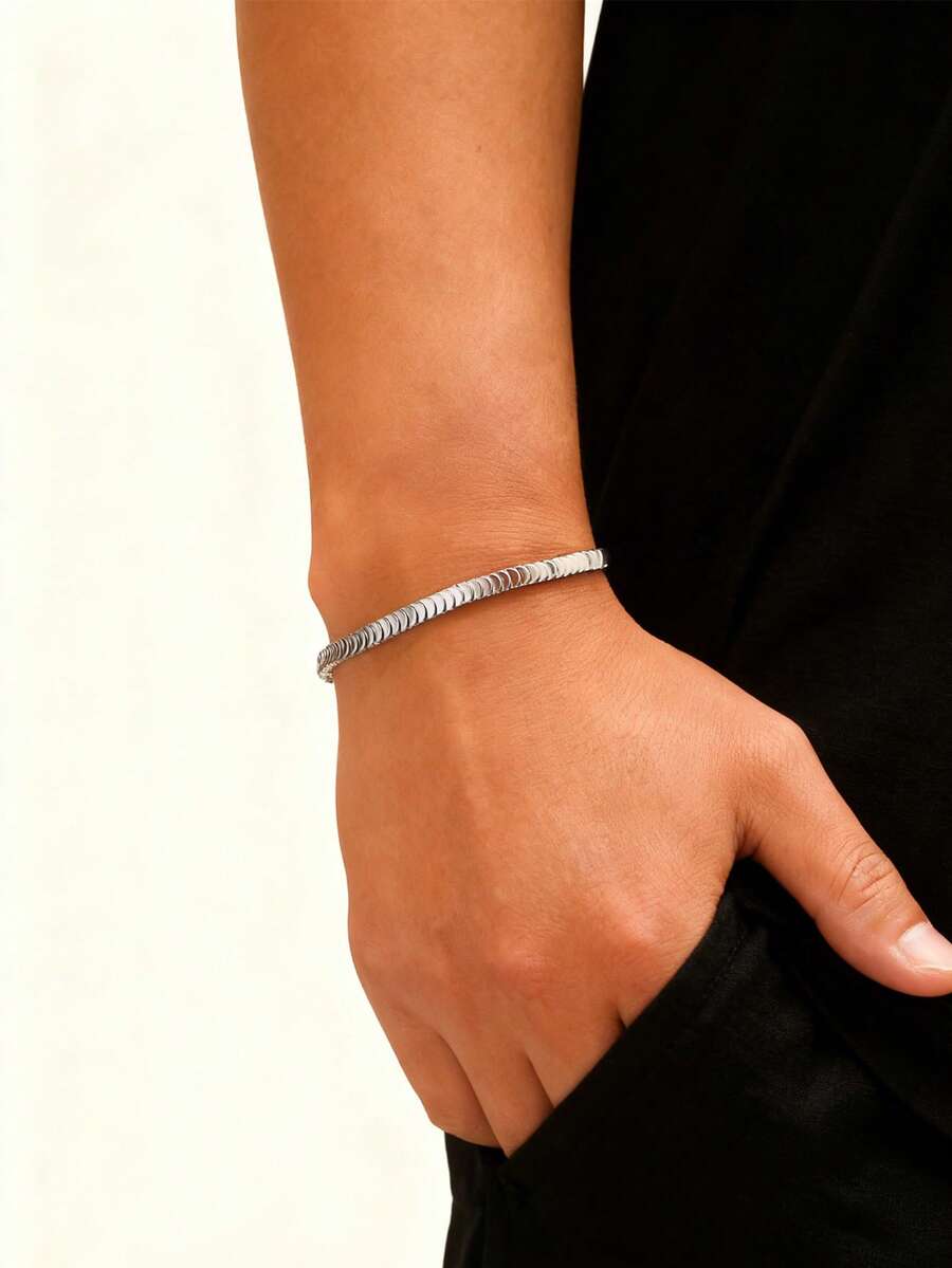 1条街头风不锈钢鱼鳞纹理手链 男士日常通勤时尚个性化手链 - 銀色 - 查看 1