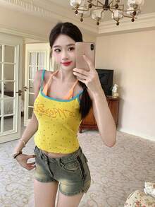 Sexy Rhinestone Letter Graphic Camisole Top, Slim Fit Sleeveless Layering Top For Women - Yellow - View 1
