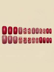 24pcs Medium Square False Nails, Heart-Shaped Red For Valentine's Day, Full Coverage Removable Manicure Set, Suitable For Women's Parties, Dances And Daily Wear