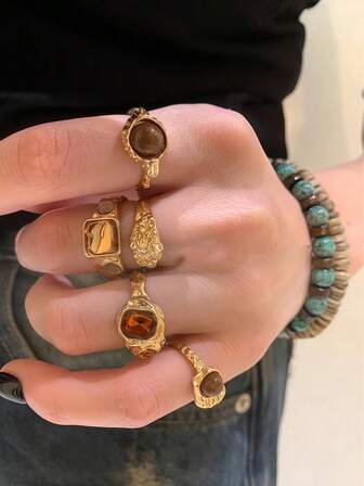 5-delars set med stapelbara ringar för kvinnor, geometriska vintagedesignade knogaringar, retro lyxiga eleganta högkvalitativa gamla pengar-stilar, bruna konstgjorda tigerögastenar, justerbar flytande metallkrinkelstruktur, lämplig för vardag, fest, present till henne