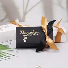 10Pcs  Ramadan Mubarak Rectangle Gift Box Black White Gold Foil Lettering Paper Candy Box With Orange Satin Ribbon Bow Islamic Festival Party Favor Packaging Box - Eid Al-fitr Rectangular Box - View 7