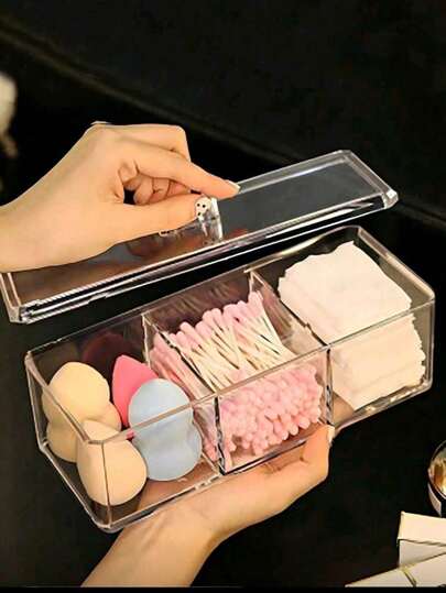 1 pieza Organizador de maquillaje de plástico, Caja de almacenamiento de almohadillas para maquillaje, Almohadilla de maquillaje para el escritorio del hogar, Almohadillas desmaquilladoras, Transparente a prueba de polvo, Caja de almacenamiento de alta calidad, Organizador de maquillaje transparente minimalista, Adecuado para organizar paletas de maquillaje, accesorios para uñas y cabello, cosméticos y productos de belleza, Organizador de maquillaje para tocador, Caja de almacenamiento para el baño, Adecuado para vacaciones, playa, baño, dormitorio, gran capacidad