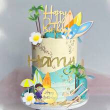 DRWATE Beach Summer Cake Decoration Surfboard Boy Palm Model Cake Decorations With Hibiscus Flower Cake Toppers For Swimming Beach Themed Party Ocean Baby Shower Party Supplies Surfboard