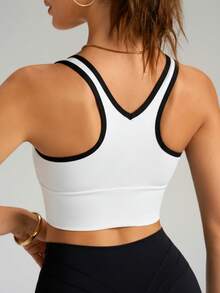 ATTRACO Áo tank top thể thao nữ màu trơn có đệm mút, thiết kế cổ chữ V nhún bèo phối đen trắng, đa năng cho phòng tập, yoga, pilates, chạy bộ, áo ngực thể thao mùa hè. - Đen và trắng - Xem 4