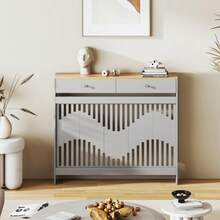 Jooli H Radiator Cover With Drawers, Grey Wooden Radiator Shelf Pipe Covers Cabinet With Wavy Grill For Living Room Bedroom Hallway - 灰色+木紋 - 查看 9