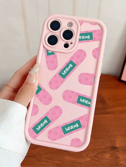 1pc Creative Healthy Letter Bandage Pattern Phone Case, Fashionable Pink TPU Shock-Proof Protective Cover, Compatible With IPhone 17/17 Pro/17 Pro Max/16/11/13/15/15 Plus/15 Pro/15 Pro Max/12/14 Pro Max/11 Pro Max/12 Pro/12 Pro Max/13 Pro/13 Pro Max/14 Pro/14 Plus, Galaxy A56 5G/A06/A05/A05S/S25/S24/S23/S22