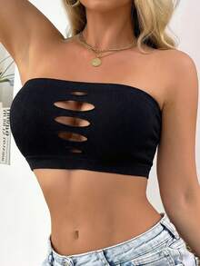 Black Hollow Front Bandeau Bra, Strapless Bandeau Top, Women Strapless Camisole - Black - View 4