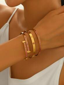 3 件套防水奢华多色立方氧化锆手镯，不锈钢开口手镯，18K 镀金时尚首饰，女士首饰，黄金首饰，女士手镯配饰，女士不锈钢手镯 - 金黃色 - 查看 14