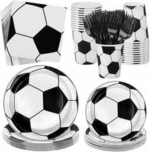 122pcs Soccer Them Party Supplies  - Football Theme Party Decorations Kit Includes Soccer Plates, Cups, Napkins, Forks & Soccer Party Tablecloth For Adults Sports Celebration, Baby Shower - 黑與白 - 查看 1
