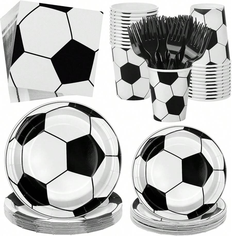 122pcs Soccer Them Party Supplies  - Football Theme Party Decorations Kit Includes Soccer Plates, Cups, Napkins, Forks & Soccer Party Tablecloth For Adults Sports Celebration, Baby Shower - 黑與白 - 查看 1