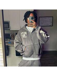 Y2K Hip-Hop Streetwear Fashion Brand Letter 3D Printing Loose Hoodie Men's And Women's Zipper Sweater Jacket - 灰色 - 查看 3