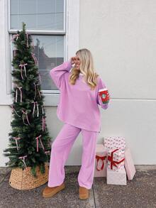 Women's Stripe Printed Round Neck Pullover Set Loose Casual Long Sleeves Top Elastic Waist Pant 2 Pieces Loungewear Set - Hồng - Xem 6