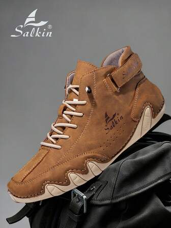 Salkin 手工休闲男鞋，透气设计师靴，带钩环松紧带，舒适防滑耐磨平底皮鞋，适合户外散步远足的踝靴，春秋冬