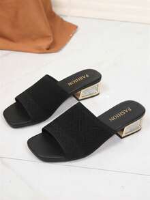 女士夏季新款百搭舒适黑色网面方头水钻绑带休闲凉鞋，适合日常通勤、约会、聚会和居家穿着，粗跟设计 - 黑色 - 查看 6