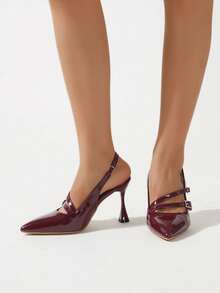 Women's Fashionable Wine Red Patent Leather High Heel Sandals With Double Buckle, Sexy Pointed Toe With Ankle Strap - Claret. - View 2