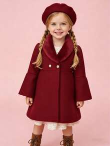 年轻女孩纯色拼色蓬松领大衣，秋冬 - 紅色 - 查看 6