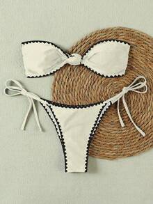 简约时尚双色比基尼，波浪边黑色三角杯泳衣，泳池派对和水疗的完美之选 - 米色 - 查看 2