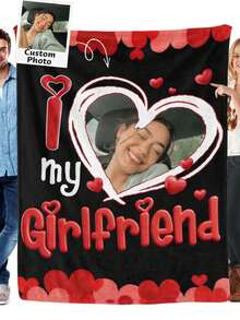 Custom Photo "I Love My Girlfriend" Blanket, Personalized Heart Graphic Couple Throw, Soft Plush Fleece Anniversary Gift For Girlfriend, Romantic Valentine's Day Present, Best Anniversary Gift For Him Her, Cozy Home Decor - 彩色 - 查看 1
