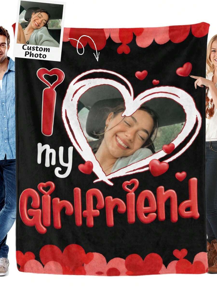 Custom Photo "I Love My Girlfriend" Blanket, Personalized Heart Graphic Couple Throw, Soft Plush Fleece Anniversary Gift For Girlfriend, Romantic Valentine's Day Present, Best Anniversary Gift For Him Her, Cozy Home Decor - 彩色 - 查看 1