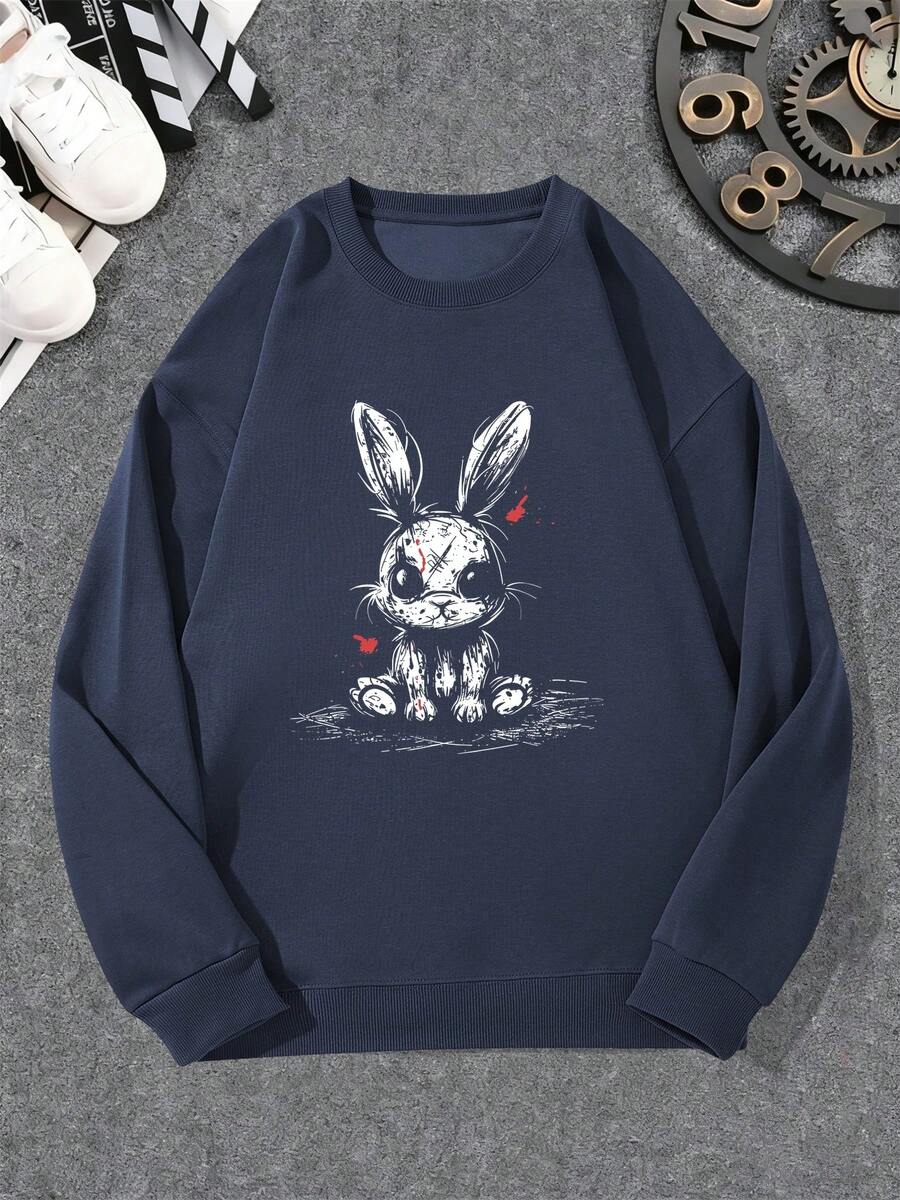 Sudadera casual de cuello redondo con patrón de conejo blanco manchado de sangre para hombres - Azul Marino - Ver 1
