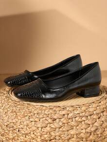 女士3厘米布面包跟时尚百搭黑色拼接粗跟鞋 - 黑色 - 查看 5