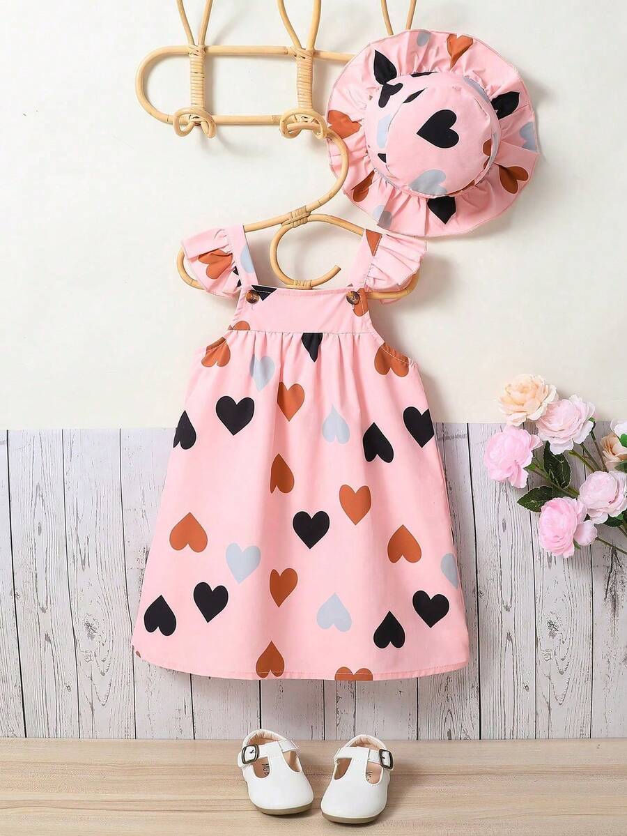 Summer Cute Heart Print Camisole Set | Cap Sleeve Ruffle Design, Loose Babydoll Dress Style + Sun Hat - Pink - View 1